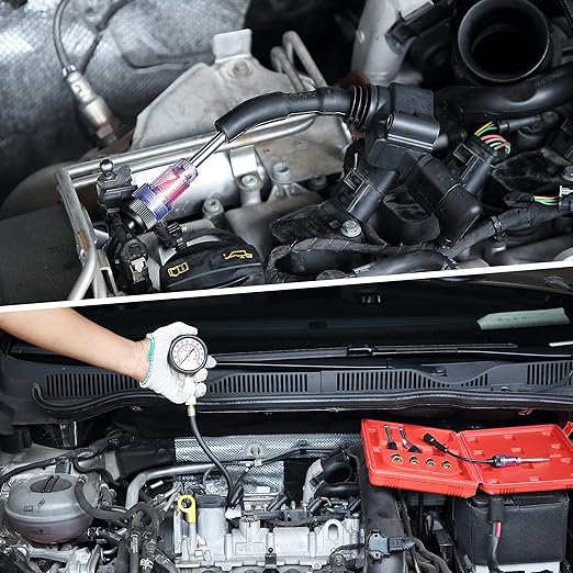 9 Pieces Automotive Compression Tester Kit and Spark Plug Tester, Universal Car and Motorcycle Engine Testing Tools for Cylinder Pressure Gauge (Red)