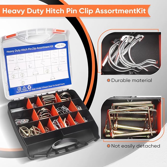 232PCS Hitch Pin, Trailer Pins Clip Pins Assortment Kit for railers Tractors Trucks Towing Mowing Farm Equipment Snow Plows Lawnmowers Garage Heavy Duty Trailers Accessories Tractor Attachments