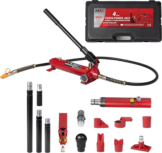 4 Ton (8800 lbs Capacity) Porta Power Jack Hydraulic Ram Auto Body Frame Collision Repair Kit Set, 16-Pcs, with Blow Mold Carrying Case for Cars, Trucks, SUVs & More