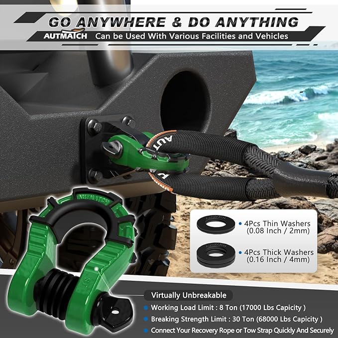 AUTMATCH D Ring Shackle 3/4" Mega Shackle (2 Pack) 68,000Ibs Break Strength - Heavy Duty Clevis Shackle with 7/8" Screw Pin & Isolator Washer for Tow Strap Winch Off Road Vehicle Recovery, Dark Green