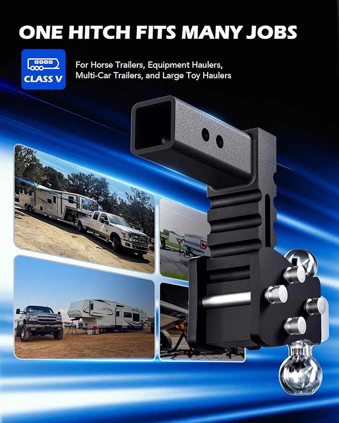 Orion Motor Tech Adjustable Trailer Hitch, Fits 2.5" Receiver, 5" Drop Hitch with 2" & 2-5/16" Balls, Anti-Theft Steel Tow Hitch Stowable Hitch Rotatable Ball Mount, 20000 lb GTW for Class V Vehicles
