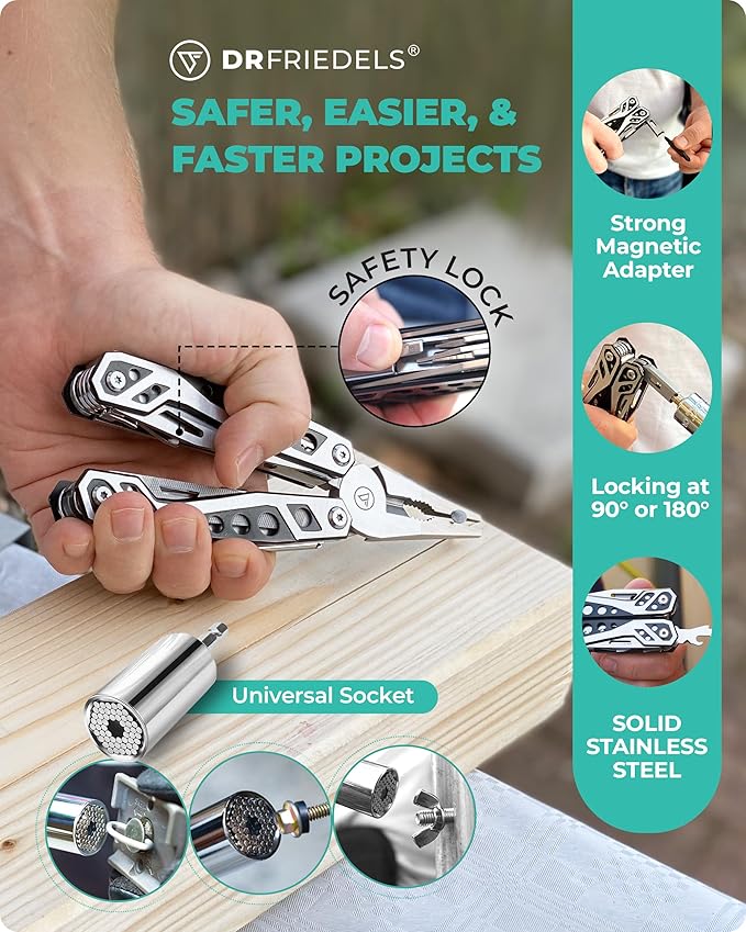 Multi Tool with Universal Socket - 22 in 1 Stainless Steel Multipurpose Tool with Saw, Pocket Knife, Wire Stripper & More - Small Tools for DIY Enthusiasts, Hobbyists, & Professionals by DrFriedels