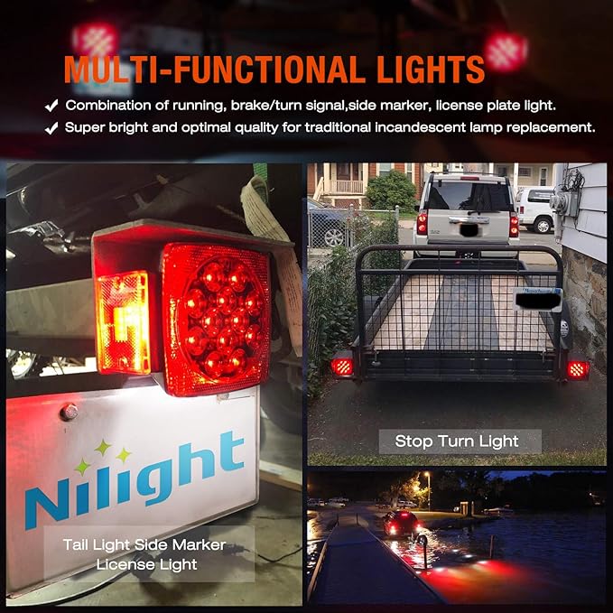 Nilight 2PCS Square LED Trailer Light Kit Low Profile Submersible IP68 Stop Turn Tail Side Marker License Lamps for 12V Utility Boat Camper RV Trucks Marine Snowmobile