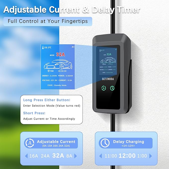 Level 1 & 2 EV Charger, 32A Portable Electric Car Charger with NEMA 14-50 & 5-15 Plugs, 110-240V, 25FT, Adjustable Current & Delay Timer, J1772 for Home/Travel