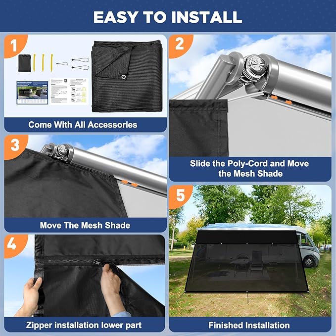 RV Awning Sun Shade Screen with Zipper 7' X 11'3",600D Oxford Cloth + Vinyl Mesh,Sunscreen Shade Complete Kits for Camper Trailer Awning,Black