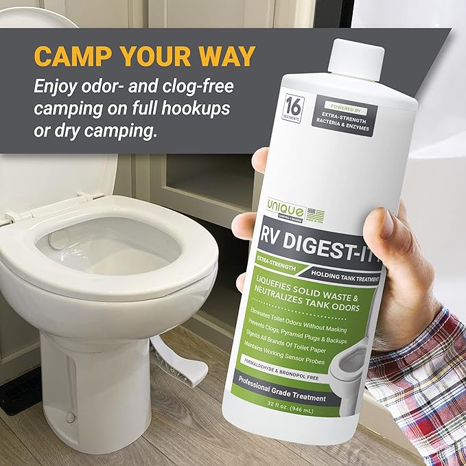 Unique RV Digest-It+, Extra-Strength RV Toilet Treatment - Liquifies Waste and All Brands of Toilet Paper - Odor Eliminator (32 oz)