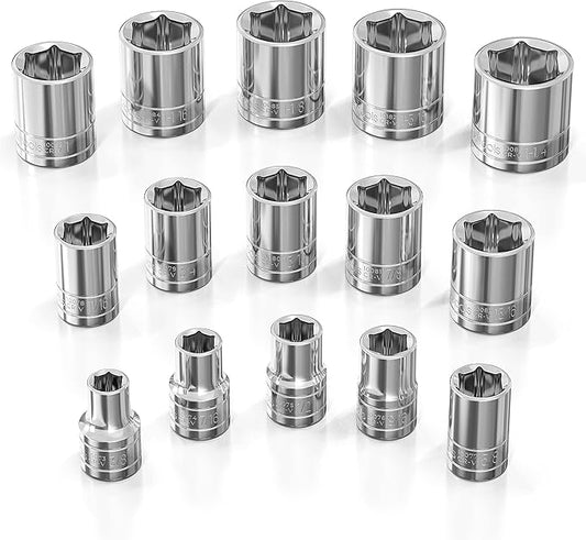 Olsa Tools SAE Shallow Socket Set - 1/2-Inch Drive, 18pc - 6-Point Chrome Sockets 3/8" to 1-1/4" and No Skipped Sizes - Mechanic Shallow SAE Socket Set - Professional Grade Sockets - Part: 1324