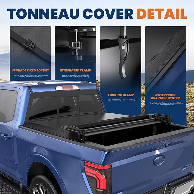 Quad 4-Fold 6.5 FT Soft Folding Truck Bed Tonneau Cover Compatible with 2009-2014 Ford F150 F-150 Styleside Fourth Fold (Excl Raptor Series) Without Utility Track System Truck Bed Cover