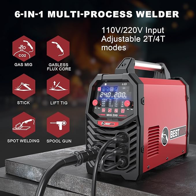 BESTMIG 200A MIG Welder - 6-in-1 IGBT Inverter Welding Machine, Gas/Gasless Flux Core, Stick, Lift TIG, Spot & Spool Gun - Portable 110V/220V Equipment
