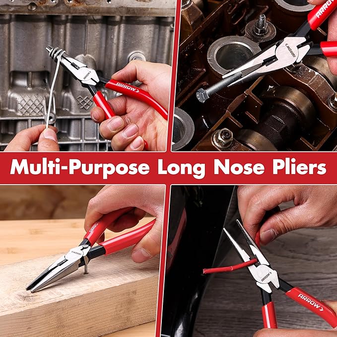ARROW 6" High Leverage Needle Nose Pliers with Side Cutters, Long Nose Pliers for Gripping, Wire Bending, Cutting