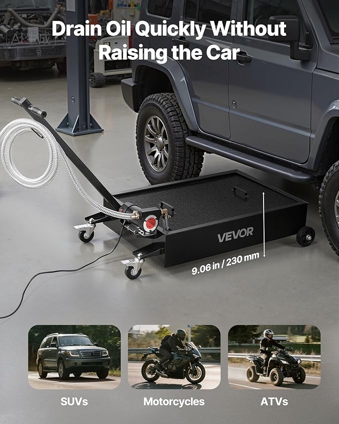 VEVOR Low Profile Oil Drain Pan, 15 Gallon Capacity, Rolling Oil Drain Pan with Electric Pump & 7.2 ft Hose, Leak-Proof & Corrosion-Resistant, Fit for Cars, SUVs, Trucks, Motorcycles, ATVs, Metal