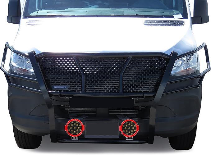 Black Horse RUGGED HD Grille Brush Bumper Guard Modular Black Come With pair of 7.0"LED Lights with Red Trim Rings Compatible with 2019-2025 Dodge Sprinter-Benz Sprinter 1500/2500/3500-RU-DOSP19-B-PLR