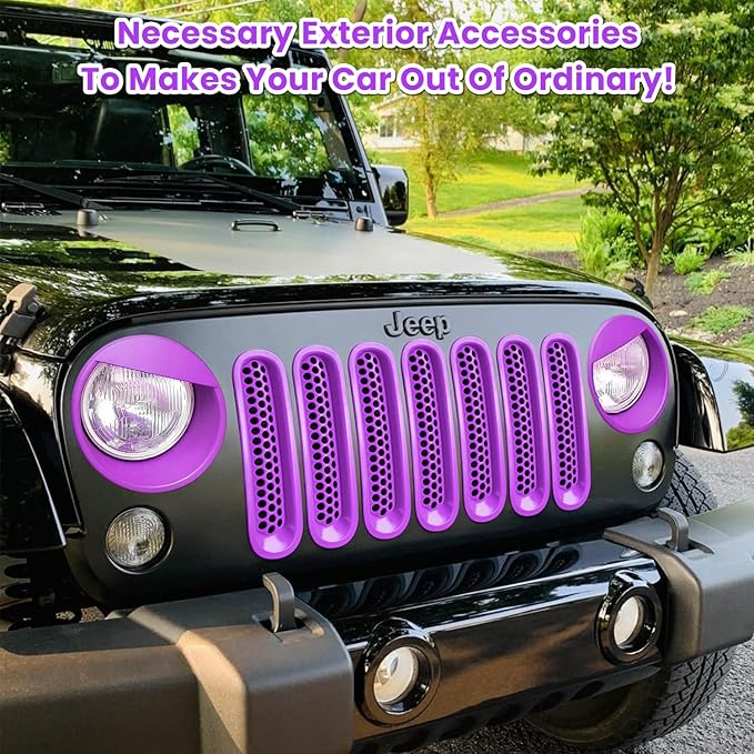 E-cowlboy Front Grille Mesh Inserts & Headlight Cover for 2007-2017 Jeep Wrangler JK JKU Unlimited Sport Rubicon Sahara Clip-in Grille Cover Guard Angry Bird Headlight Bezels Trim (Matte Purple)