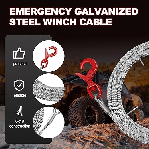 Galvanized Steel Winch Cable,Heavy-Duty 3/8" x 100' Winch Cable with Swivel Hook,17600 Lbs Breaking Strength,6x19 Strand Core Wire Winch Rope for SUV, Tow Truck,Crane,Wrecker