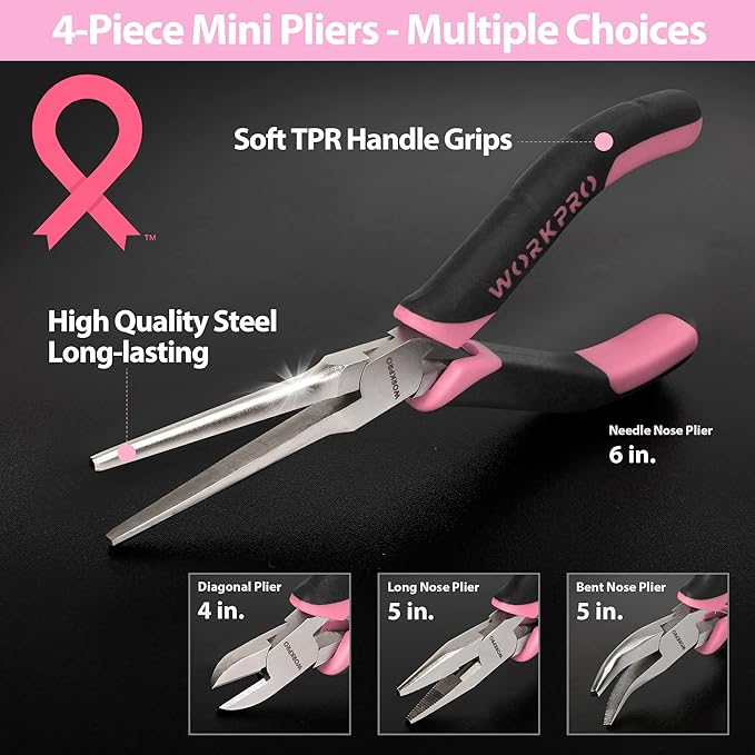WORKPRO 33PCS Precision Repair Tool Set Includes Pliers Set, Screwdrivers Set, Craft & Utility Knife, Tweezers, Electronic Repair Tool Kit with Pouch for Laptops, Phones, Computer - Pink Ribbon