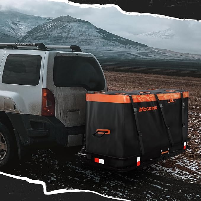 Mockins 30 Cu.Ft. Trailer Hitch Cargo Carrier Bag | 60"x24"x36" Waterproof Cargo Bag for Hitch Carrier & 6 Packing Cubes 29"x23"x12" | Weatherproof Vehicle Soft-Shell Carriers w/Buckle Straps & Lock