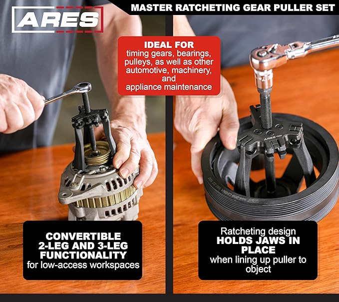 ARES 15095 – Master Ratcheting Gear Puller Set – Premium Chrome Moly Steel Gear Puller Yolk Set Includes 2-Ton and 5-Ton Units – Indexing Jaws Feature Convertible 2-Leg and 3-Leg Functionality