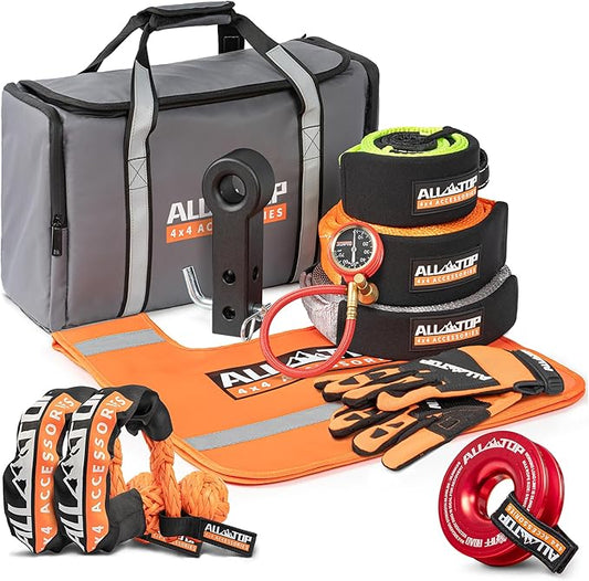 ALL-TOP Recovery Pack Pro 11in1: Water-Resist Offroad Gear Bag with Recovery Strap Kit(3), Damper, 2 Soft Shackles, SS Hitch Mount, Recovery Ring, Deflator & Gloves