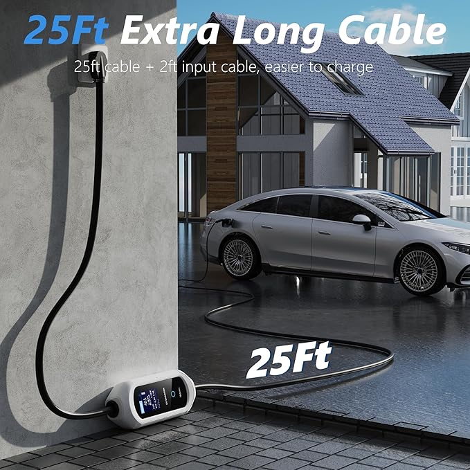 EV Charger Level 2, 40A Amp Portable EV Charger for All SAE J1772 EVs Without Adapter, 25FT+2FT Cable, 9.6KW EV Car Charging Station with App Control, Electric Vehicle Chargers(240V, NEMA14-50 Plug)