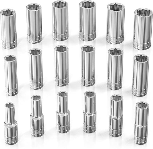 Olsa Tools Metric Deep Socket Set - 1/2-Inch Drive, 18pc - 6-Point Chrome Sockets from 10mm–27mm and No Skipped Sizes - Mechanic Deep Metric Socket Set - Professional Grade Long Sockets - Part: 1325