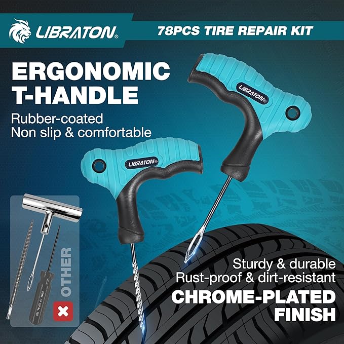 Libraton Tire Repair Kit, 78PCS Tire Plug Kit Heavy Duty Professional Repair Tools to Fix Punctures and Plug Patch Flats, Tubeless Tire Patch Kit for Car, Motorcycle, ATV, SUV, Truck, Tractor, Trailer