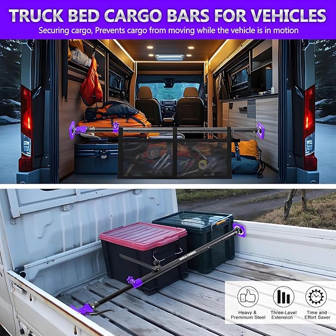 Adjustable Cargo Bar, Truck Bed Divider from 40 to 78.7 IN with 200LB Bearing Capacity, Cargo Bar for Pickup, Truck Bed Organizer Cargo Bars for SUV, Trailer, Van, Come With 1 Divider Bar, 1 Cargo Net