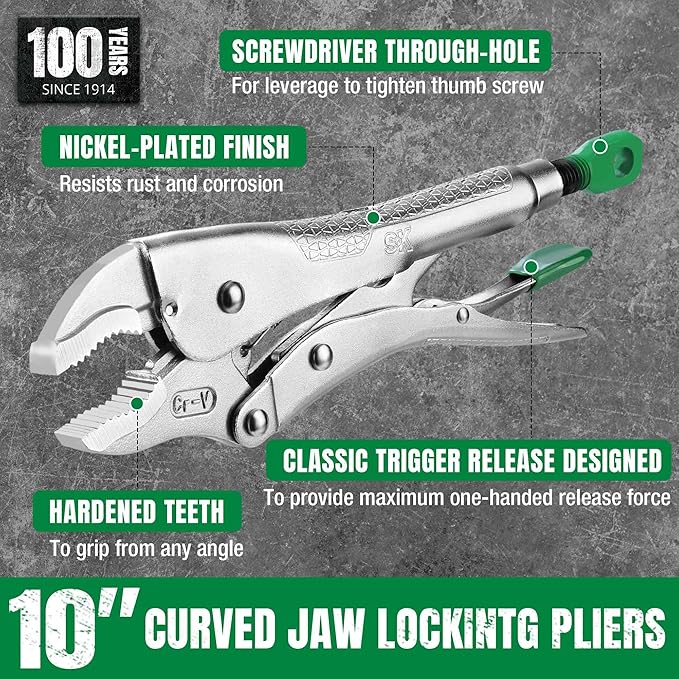 SK 10" Curved Jaw Locking Pliers, Premium CR-V Construction, Ergonomic Anti-slip Handle, Ideal for Welding or Assembly
