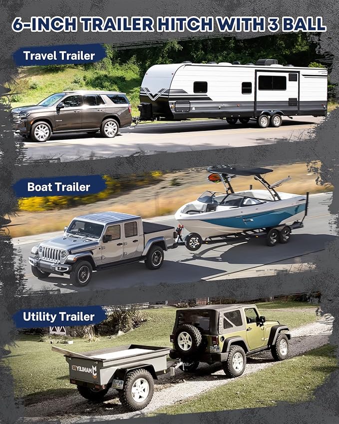 Kohree Adjustable Trailer Hitch with 3 Replaceable Balls for 2" & 2.5" Receiver, 6" Drop/Rise, 12,500 lbs GTW Heavy Duty Aluminum Hitch Kit with Lock, Fits Trucks, SUVs, RVs, Class III & IV Vehicles