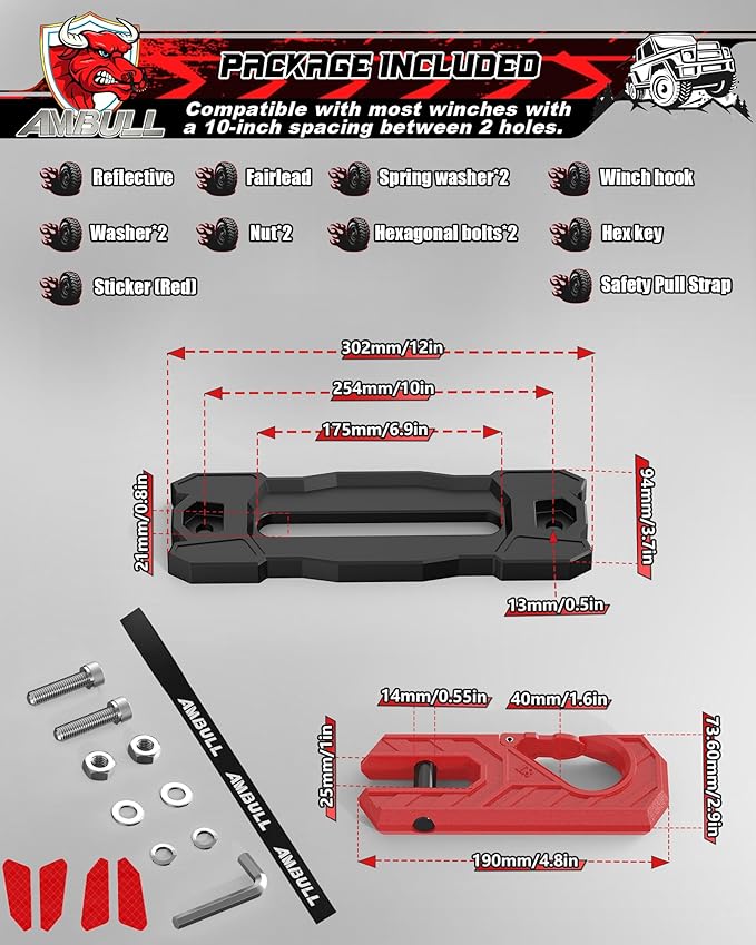 Winch Fairlead with Tow Hook, Aluminum Hawse Fairlead with Grade 80 Forged Steel Winch Hook, 33000lb Break Strength Winch Fairlead Hook Set for Off-Road Vehicle Recovery, BlackRed