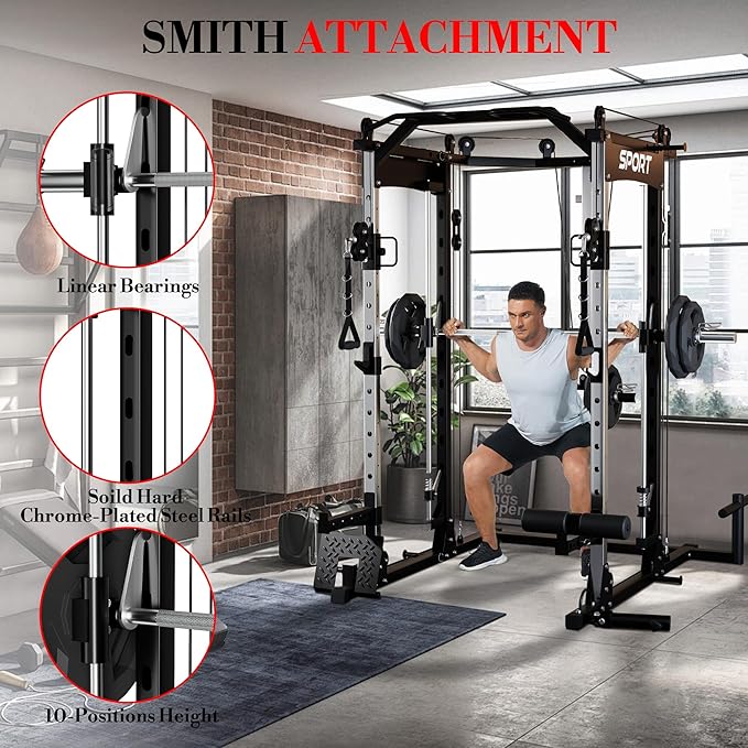 Power Cage, Multi-Functional Power Racks for Home Gym with Cable System, 1600LBS Weight Capacity Fitness Reality Squat Rack for Strength Workout with More Training Attachment,Black