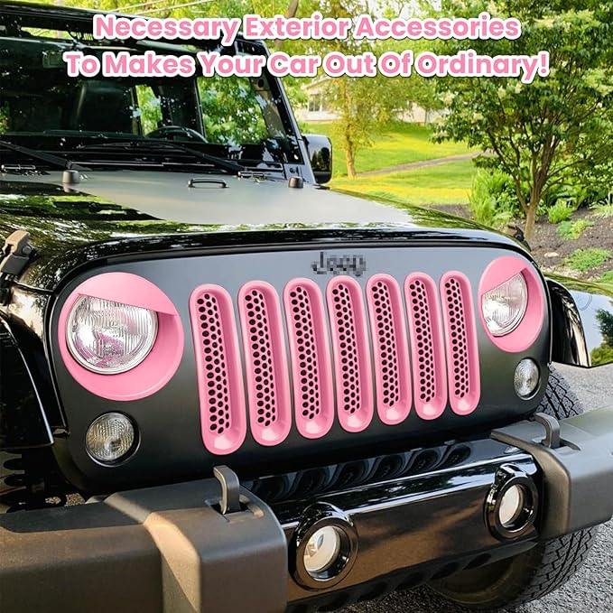 Front Grille Mesh Inserts & Headlight Cover for Jeep Wrangler JK JKU Sport Freedom Rubicon Sahara Unlimited 2007-2018 Exterior Accessories Clip-in Grille Guard Headlight Bezels Trim (Matte Pink)