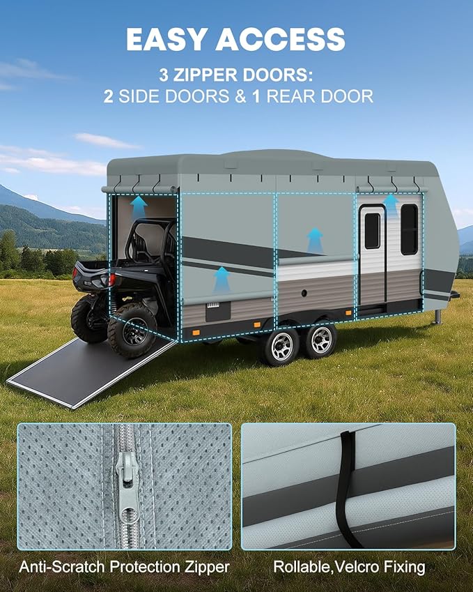 Kohree Travel Trailer Cover 22-24 ft with 8 Enlarged Vents, Sturdy & Waterproof & Anti-UV RV Camper Cover Kit with Front & Back Sign for All Weather Protection B