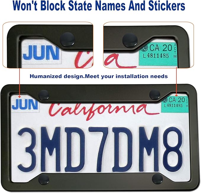 BGGTMO Matte Black Aluminum License Plate Frames- 2 Pack Heavy Duty Car Tag Cover for Front & Rear, 4 Hole Rust Proof Universal Holder, Mount Screws Caps, Inserts, Rattle Proof Pads