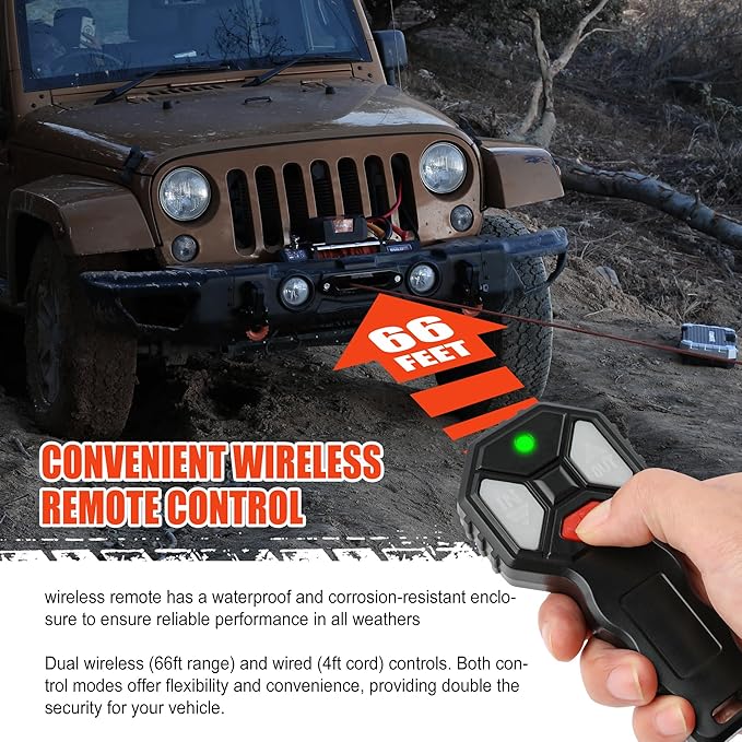 ZESUPER 9500 lb Load Capacity Electric Winch,12V Waterproof IP68 Winch with Wireless Handheld Remotes, Wired Switch,Hawse Fairlead, 80ft Synthetic Rope Winches for Jeep Trailer Truck Off-Road Vehicle