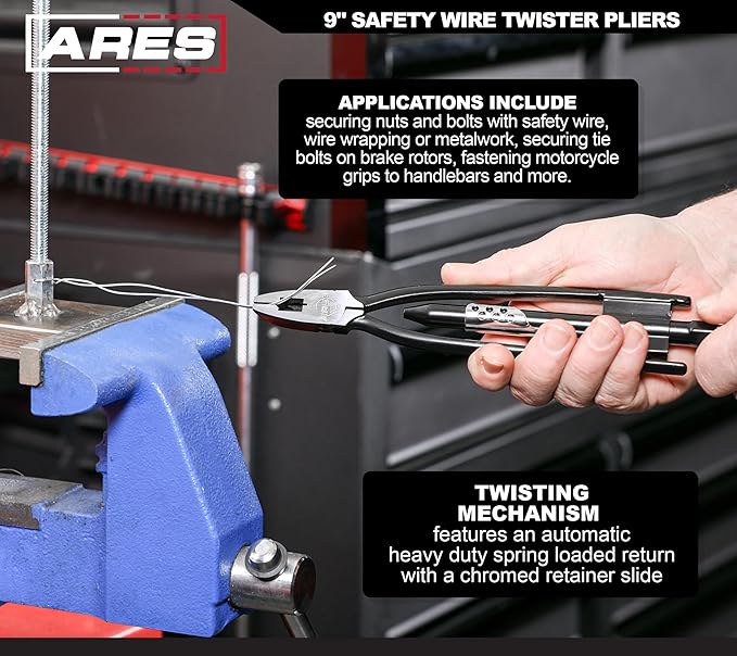 ARES 10010-9-Inch Safety Wire Twister Pliers – Durable Untwist Tool Grips, Twists, and Cuts Stainless Steel Safety Wire on Vehicles, Machinery, and Aircraft