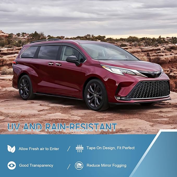 ACLONG Black Rain Guards Fit for Toyota Sienna 2021 2022 2023 Tape-On Side Shatterproof Window Visor Window Deflectors, Rain Visors, 8-Piece Set