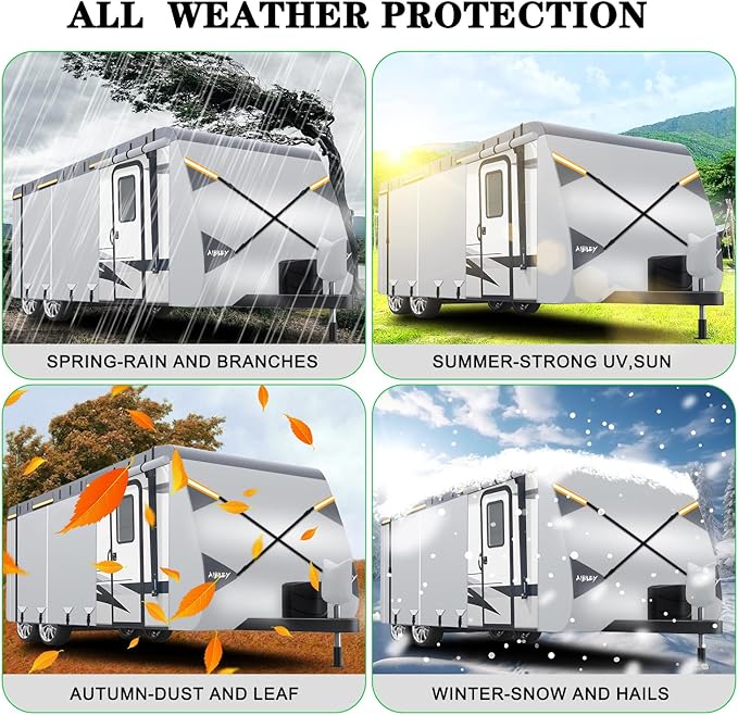 RV Cover 30-33FT Travel Trailer and Camper Covers,Durable Tearproof Oxford Polyester Fabric for Waterproof,Cold and UV Resistant,Air Vent,Side Zipper,Reflective Strip,Windproof Buckles-Aibiley
