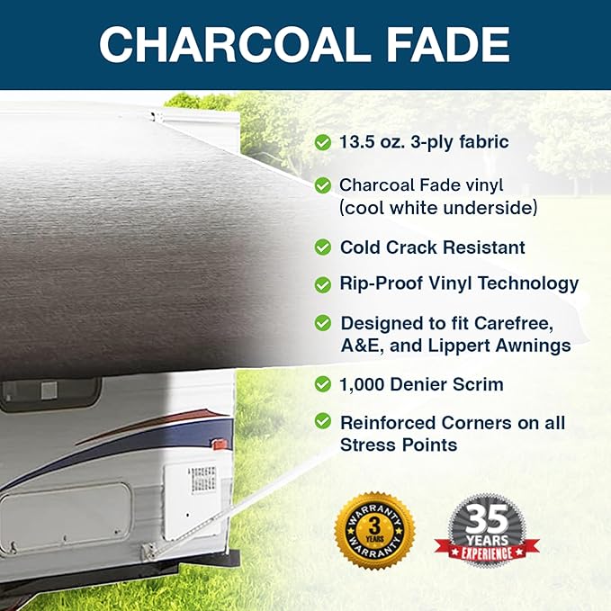 ShadePro - RV Awning Fabric Replacement - Premium Grade Weatherproof Vinyl - Universal Outdoor Canopy for Camper, Trailer, and Motorhome Awnings - Charcoal Fade - 19' (Fabric 18' 2")