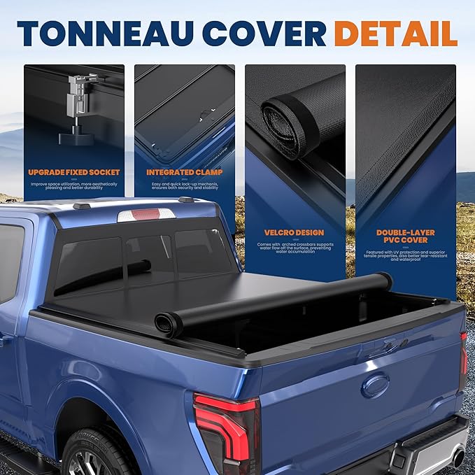Soft Roll-Up Truck Bed Tonneau Cover Compatible for 2015-2023 Ford F150 Styleside (Not for Flareside) 6'5" Bed
