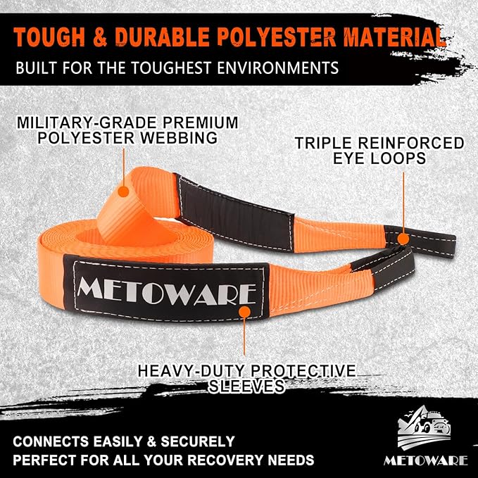 METOWARE Tow Strap 3'' × 20ft Recovery Strap, Heavy Duty Tow Straps with 35,000 lb Capacity, Triple Reinforced Loop Straps, Emergency Off Road Towing Rope, Extreme Water-Resistant (Orange)