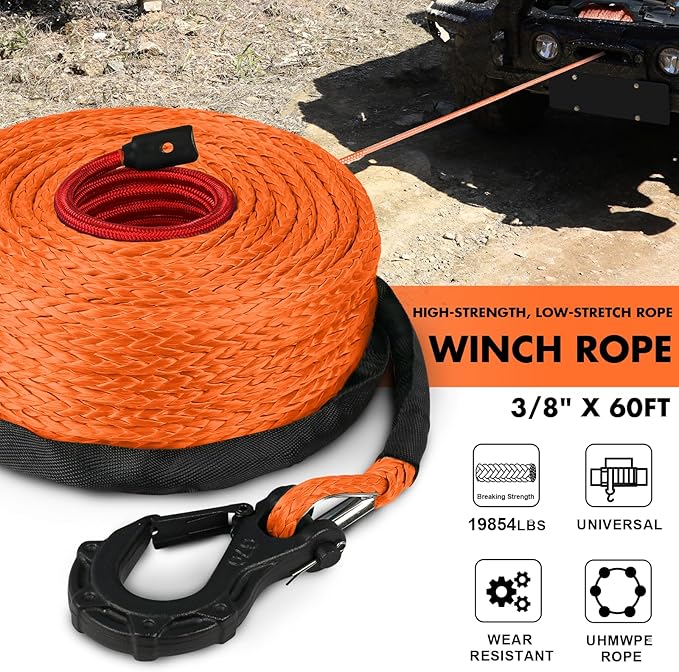 3/8" x 60ft Synthetic Winch Rope 19,854lbs Dyneema Winch Cable Line with Hook and Sleeve Protection Car Tow Recovery Cable for 4WD Off Road Vehicle SUV Truck(Orange-Slim)