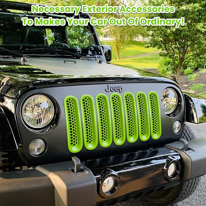 7PCS Front Grill Mesh Inserts for Jeep Wrangler JK JKU Unlimited 2007 2008 2009 2010 2011 2012 2013 2014 2015 2016 2017 2018 Grille Guard Cover Trim Clip-in Exterior Accessories (Matte Green)