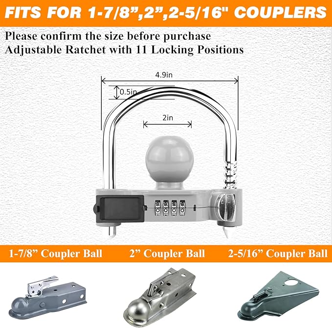 Funmit Trailer Lock Universal Hitch Lock with Combination Lock, fit 1-7/8", 2", 2-5/16" Coupler, Camper Accessories for Travel Trailers Boats Trucks Rvs Grey