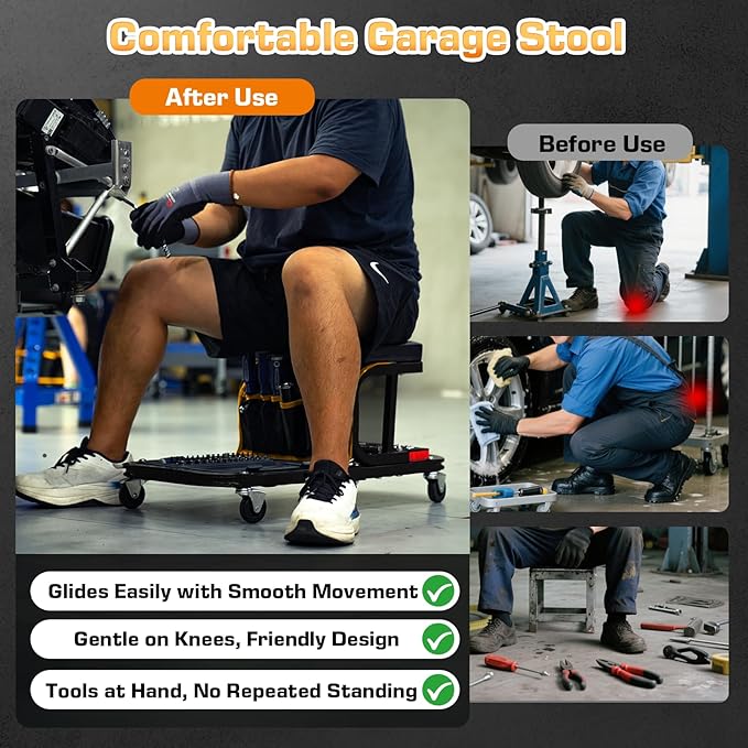 Rolling Shop Stool Chair with Wheels, Mechanic Garage Stool on Wheels, Auto Car Detailing Stools Seat with Tool Tray Storage for Garage Work, Workshop, Home, Garden, DIY, 300 LBS Capacity, Yellow