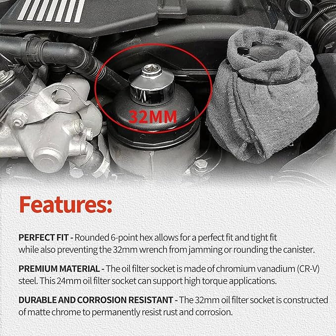 32mm Oil Filter Wrench Socket Compatible with Ecotec,Compatible with TDI, Compatible with VW,Compatible with GM, Compatible with Audi, Compatible with BMW, Compatible with Polaris