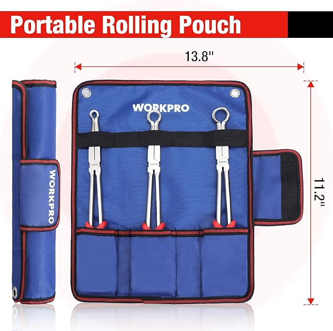 WORKPRO 3 PCS 11" Hose Gripper Plier Set, Long Reach Hose Gripping Pliers, 5/16-Inch, 1/2-Inch, 3/4-Inch Dia, Spark Plug Boot Removal Pliers, Serrated Jaws for Hard to Reach Narrow Spaces