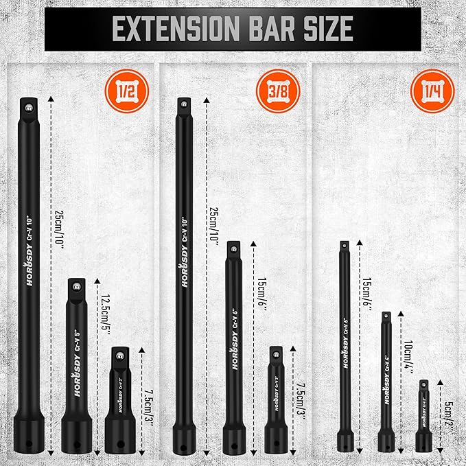 HORUSDY 12Pcs Socket Extension Set, 1/4", 3/8" and 1/2" Impact Drive Socket Extension, Socket Adapters, Drive Tool Accessory, CR-V Steel