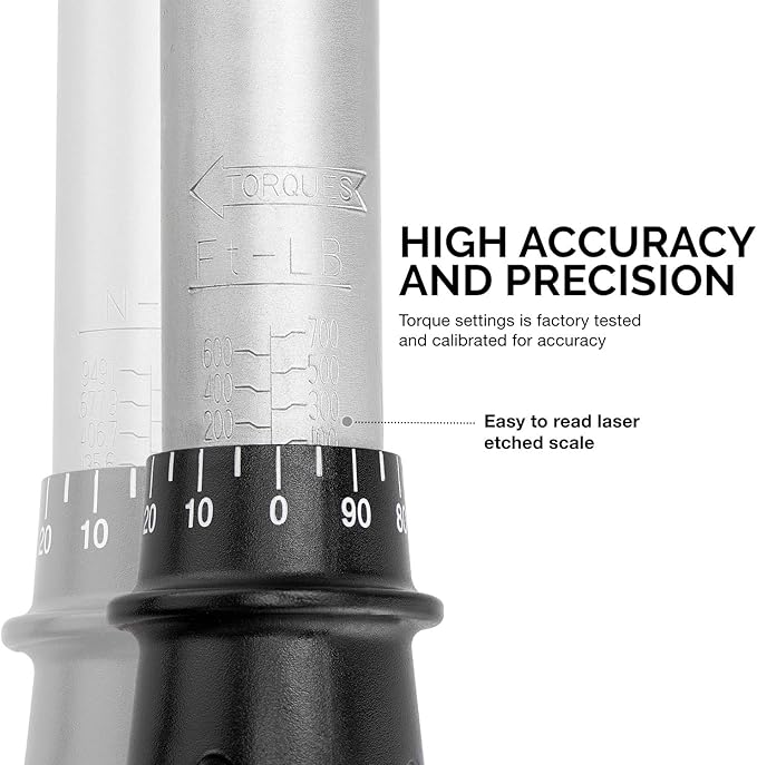 Neiko PRO 03710B 3/4-Inch-Drive Adjustable SAE Torque Wrench with Torque Click Settings of 100–700 Foot-Pound, Made with CrV Steel, 48-Inch Length