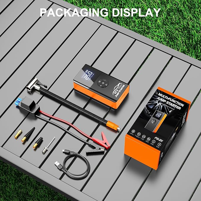 Jump Starter with Air Compressor, 8000A 180PSI, Portable Car Battery Jump Starter (All Gas/12L Diesel) 12V Automobile Jump Box Pack Chargers with Jumper Cables, 4-Mode LED Lights (Pumpkin Orange)