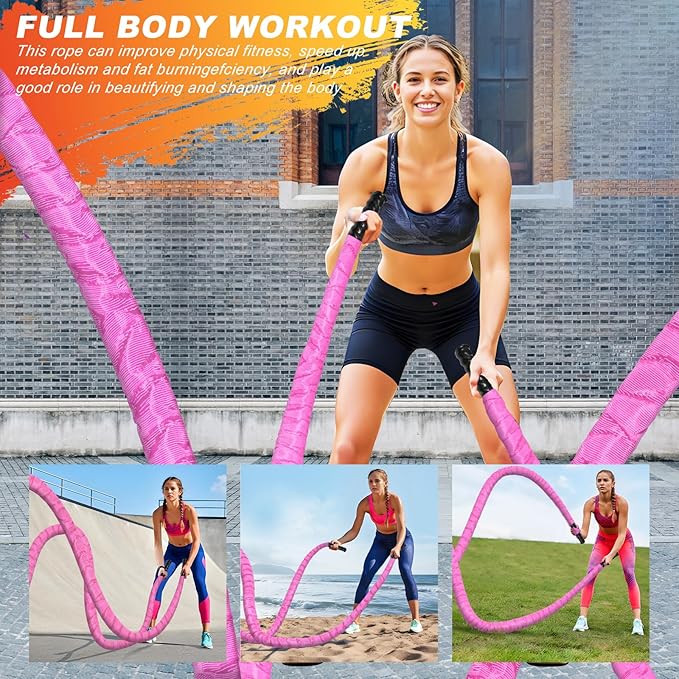 Battle Ropes for Home Gym,1.26inch 30ft Long Pink Battle Ropes with Protective Cover - Workout Equipment Heavy Exercise Ropes for Strength Training for Kids or Adults